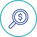 A graphic icon of a magnifying glass looking at a dollar sign